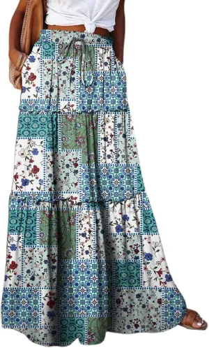 Happy Sailed Womens Floral Print Boho Maxi Skirt Elastic High Waist Pleated Ruffle Flowy Long Skirts S-XL