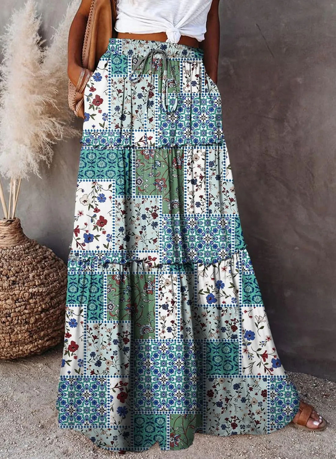Happy Sailed Womens Floral Print Boho Maxi Skirt Elastic High Waist Pleated Ruffle Flowy Long Skirts S-XL