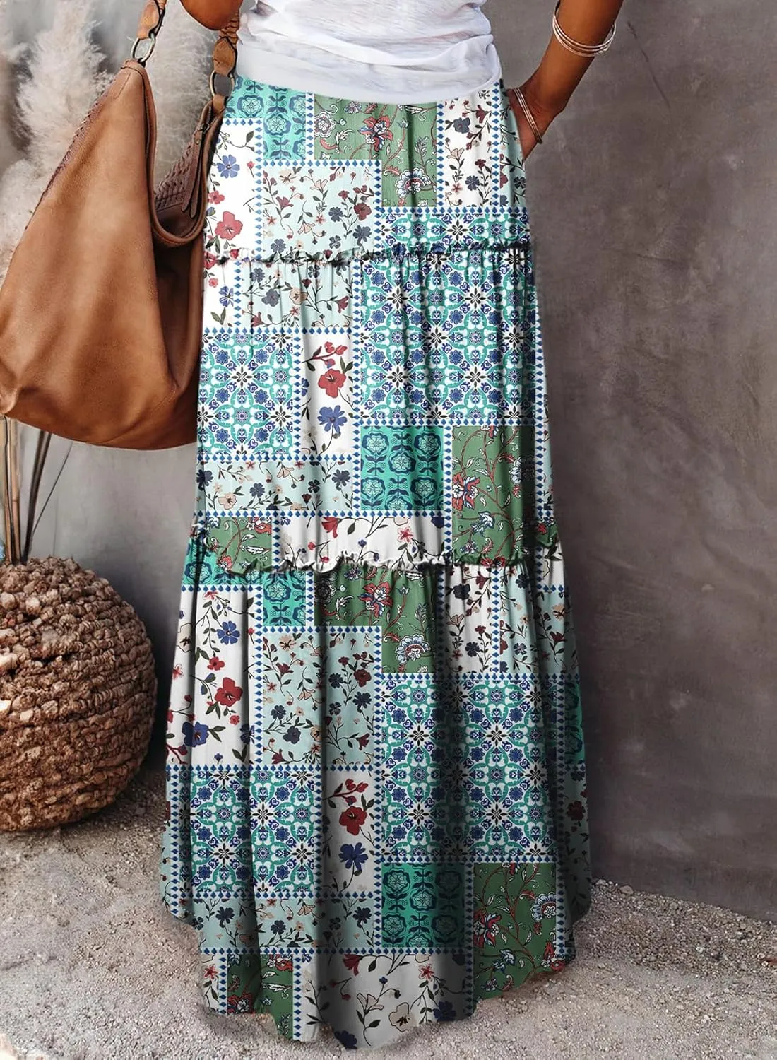 Happy Sailed Womens Floral Print Boho Maxi Skirt Elastic High Waist Pleated Ruffle Flowy Long Skirts S-XL