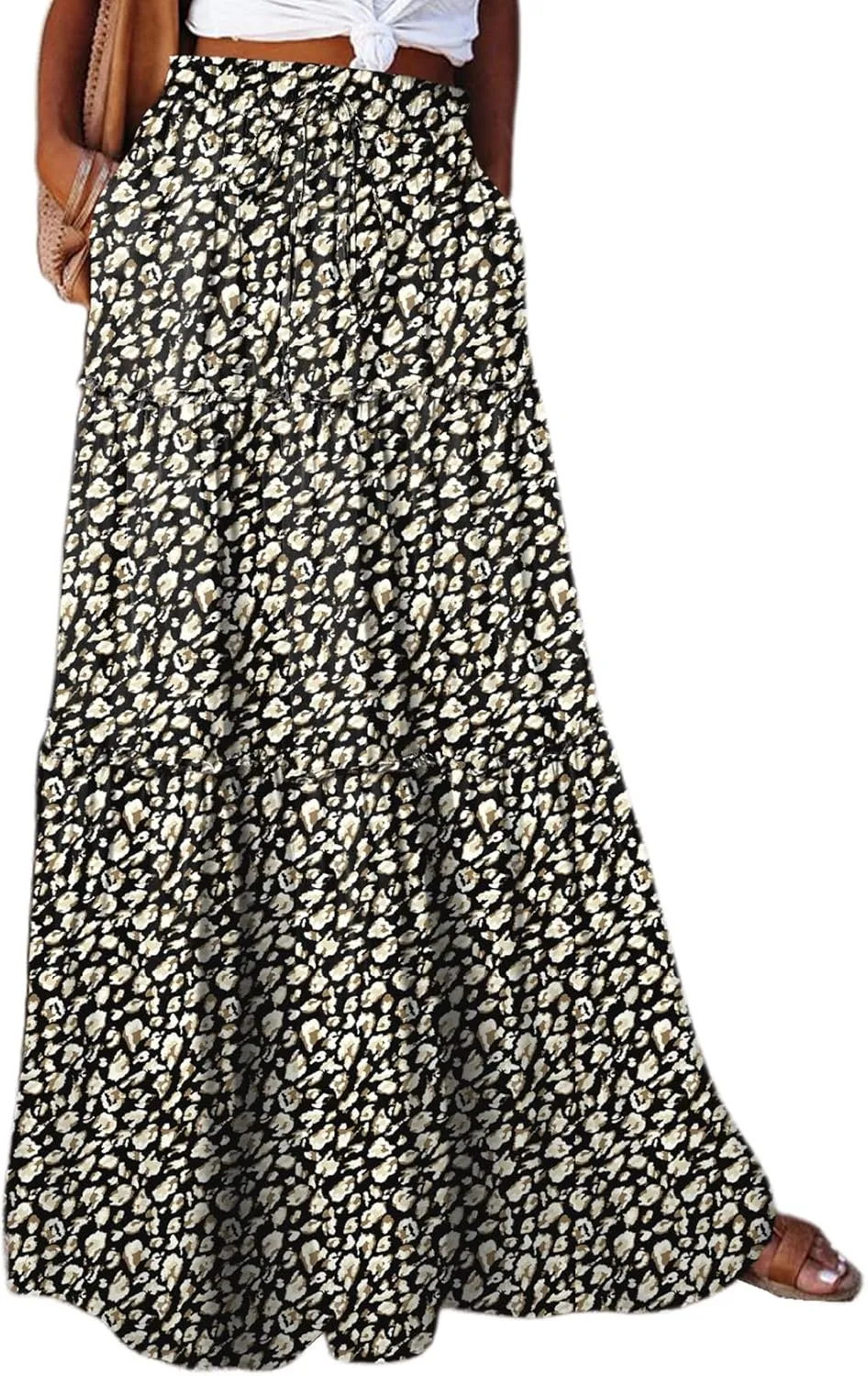 Happy Sailed Womens Floral Print Boho Maxi Skirt Elastic High Waist Pleated Ruffle Flowy Long Skirts S-XL