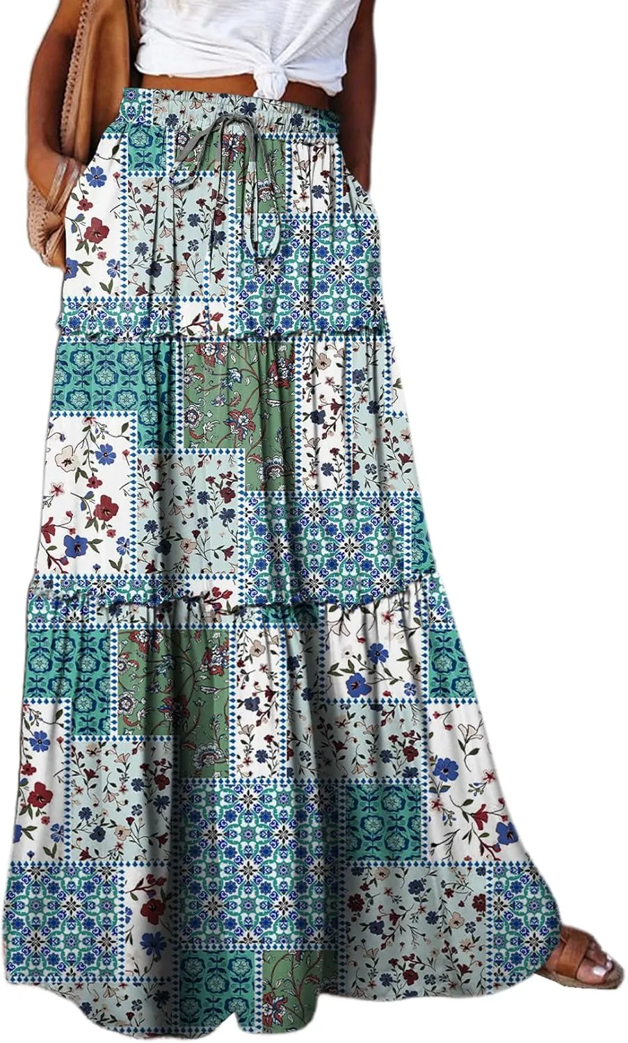 Happy Sailed Womens Floral Print Boho Maxi Skirt Elastic High Waist Pleated Ruffle Flowy Long Skirts S-XL