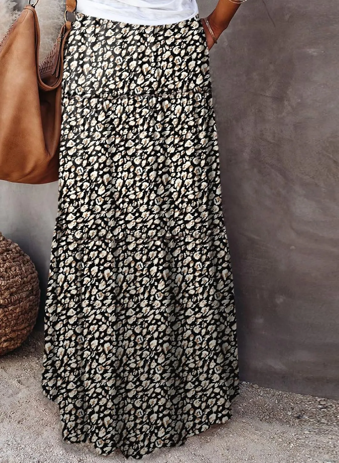 Happy Sailed Womens Floral Print Boho Maxi Skirt Elastic High Waist Pleated Ruffle Flowy Long Skirts S-XL