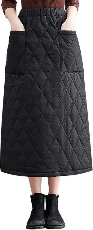 Insulated Down Skirt for Women Quilted Puffer Skirts with Pocket, Casual Winter Warm Long Padded Skirts