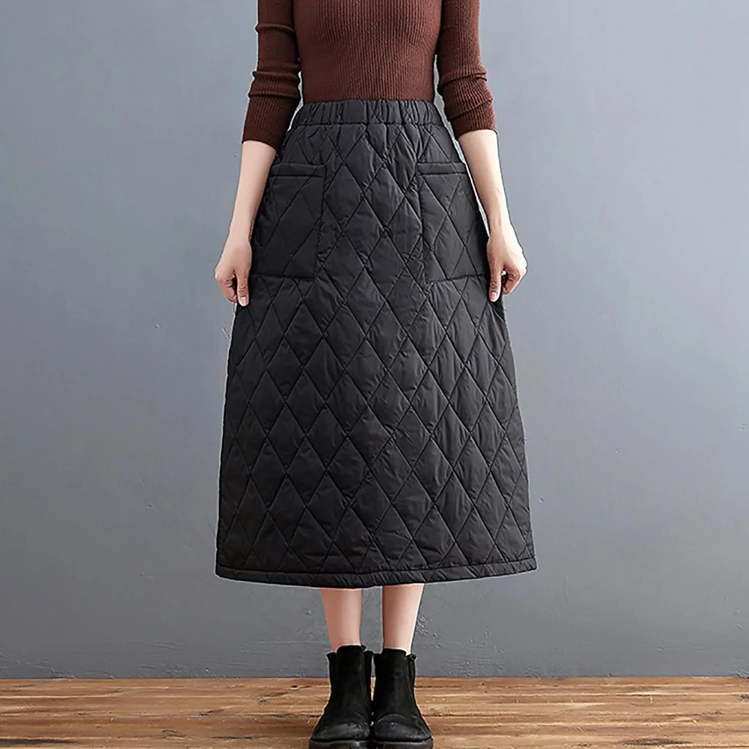 Insulated Down Skirt for Women Quilted Puffer Skirts with Pocket, Casual Winter Warm Long Padded Skirts