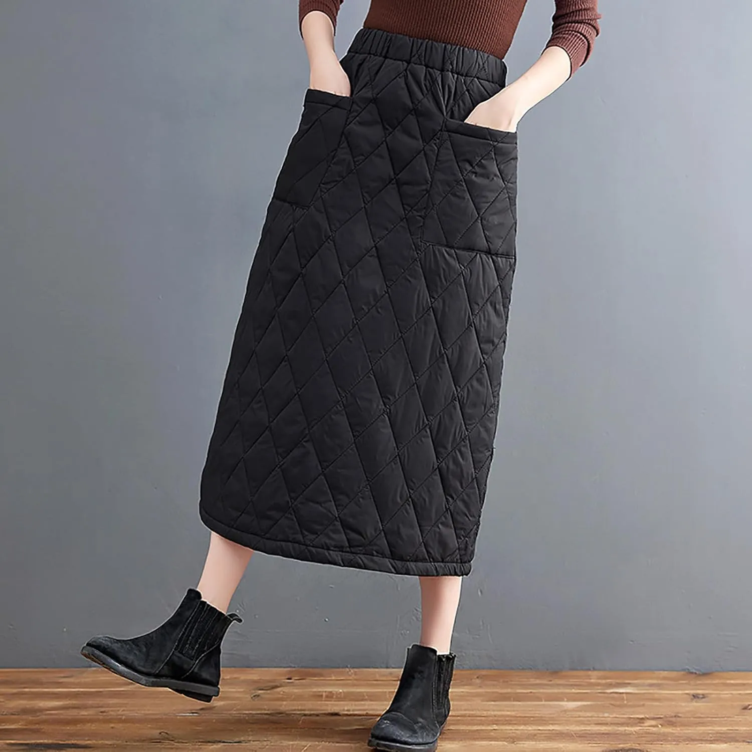 Insulated Down Skirt for Women Quilted Puffer Skirts with Pocket, Casual Winter Warm Long Padded Skirts