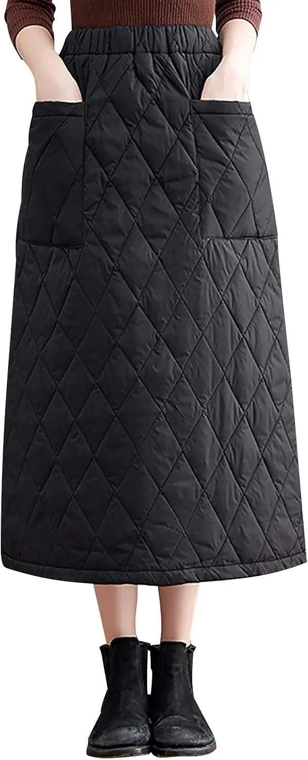 Insulated Down Skirt for Women Quilted Puffer Skirts with Pocket, Casual Winter Warm Long Padded Skirts