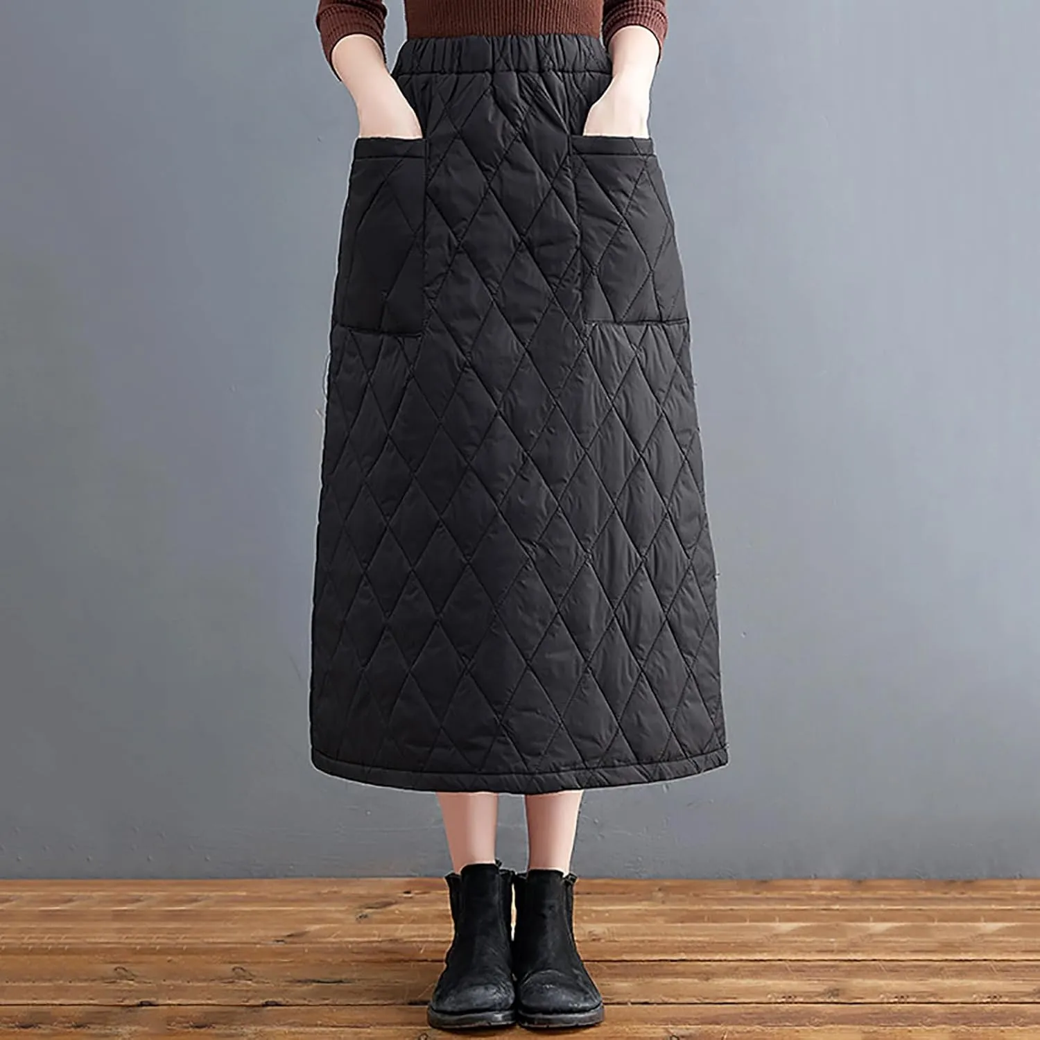 Insulated Down Skirt for Women Quilted Puffer Skirts with Pocket, Casual Winter Warm Long Padded Skirts