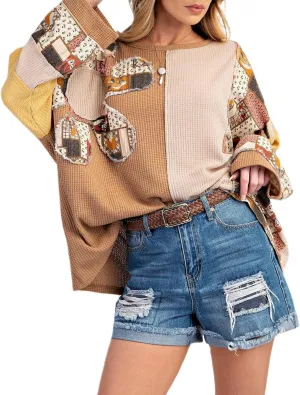 KMBANGI Women Y2K Color Block Sweatshirt Vintage Long Sleeve Patchwork Floral Crew Neck Top Casual Oversized Sweatshirt