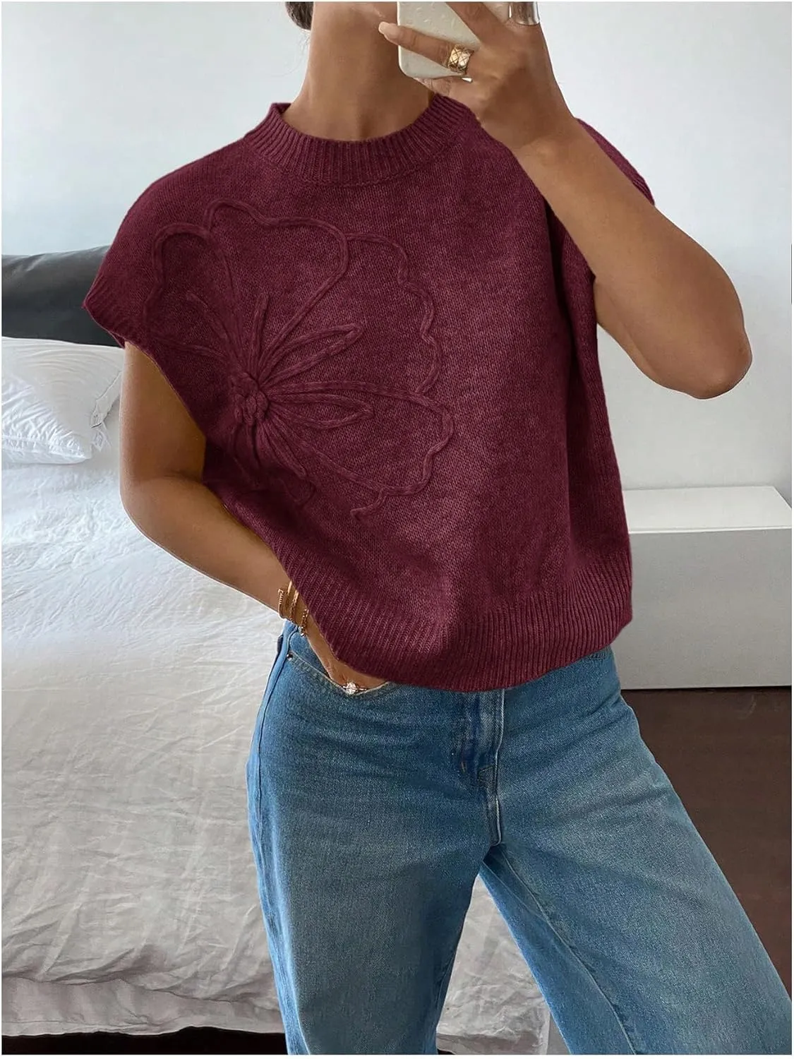 MakeMeChic Women's Floral Knitted Vest Top Sleeveless Pullover Sweater Vest