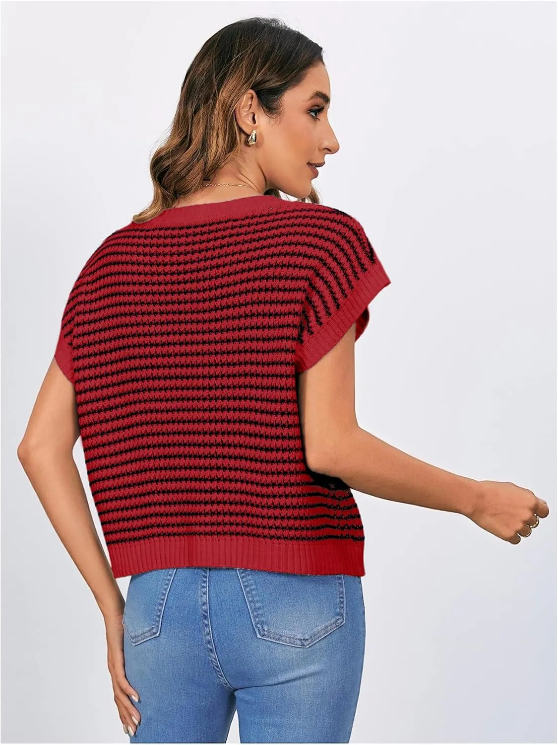 MakeMeChic Women's Striped Knit Vest Tops Short Sleeve Sweater Vest Tank Top