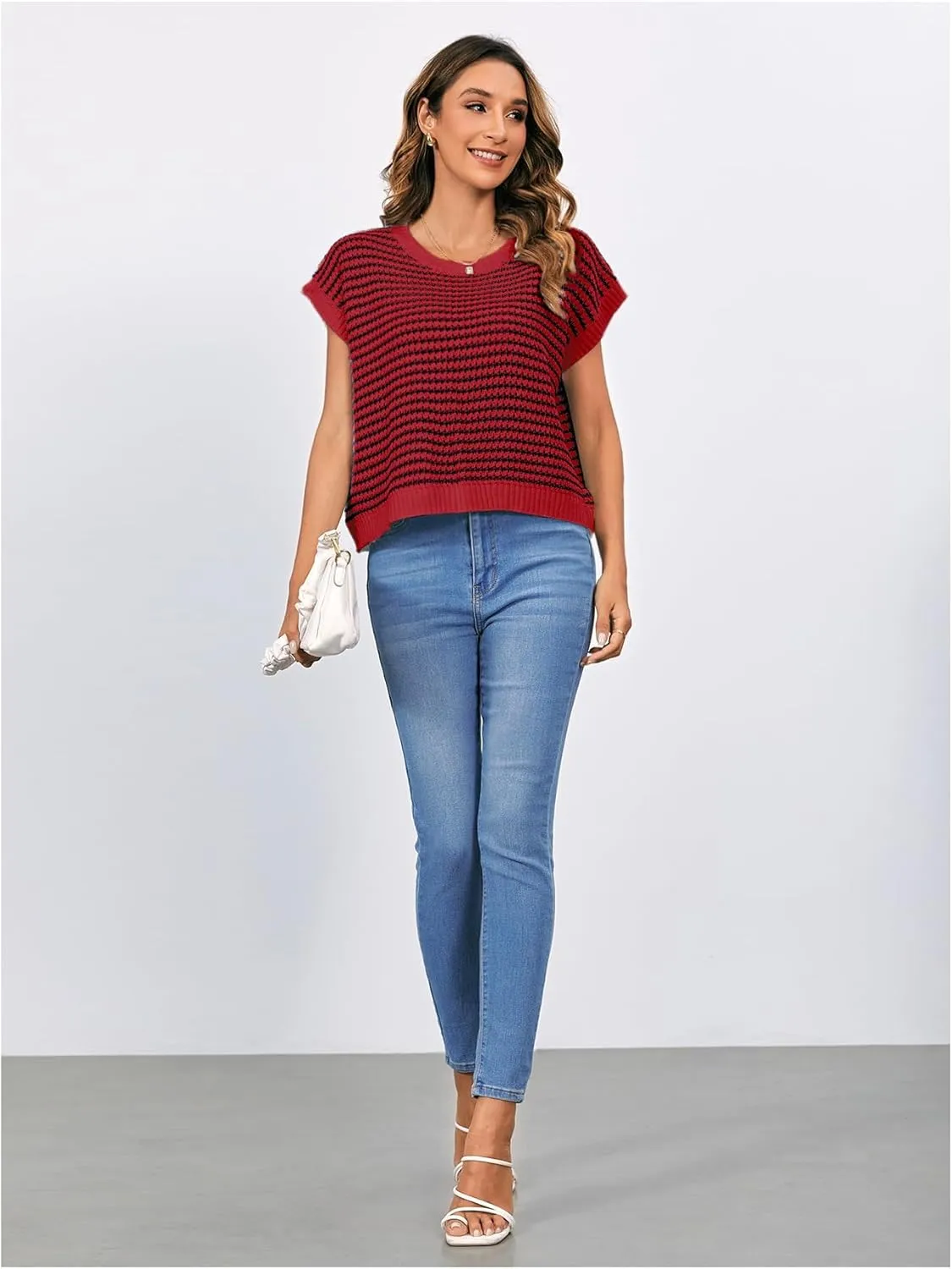 MakeMeChic Women's Striped Knit Vest Tops Short Sleeve Sweater Vest Tank Top