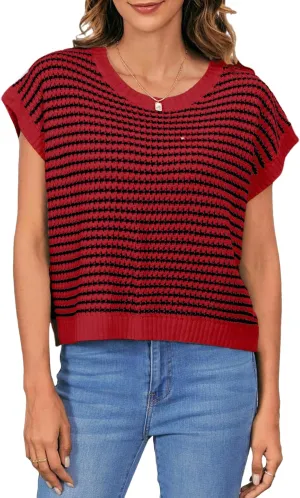 MakeMeChic Women's Striped Knit Vest Tops Short Sleeve Sweater Vest Tank Top