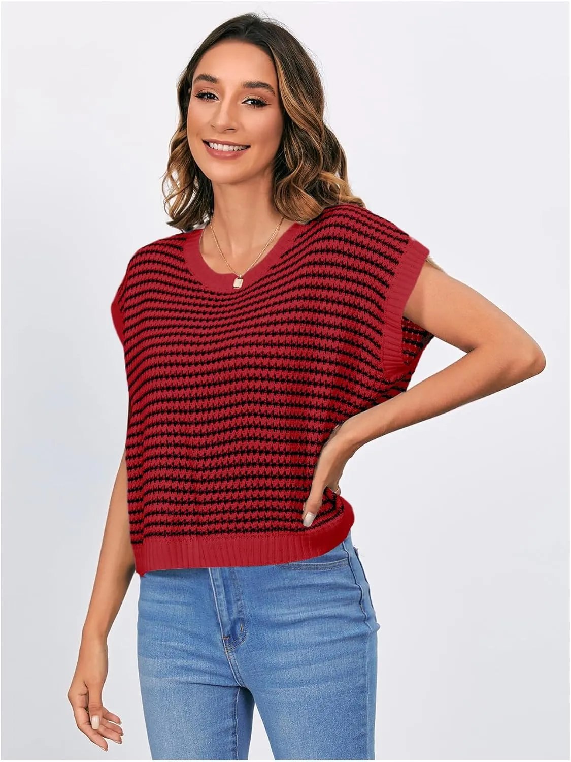 MakeMeChic Women's Striped Knit Vest Tops Short Sleeve Sweater Vest Tank Top