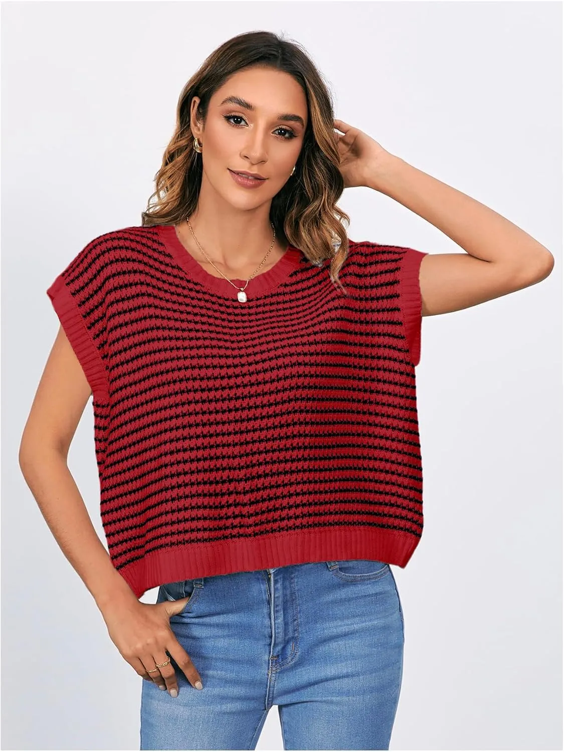 MakeMeChic Women's Striped Knit Vest Tops Short Sleeve Sweater Vest Tank Top