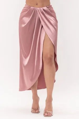 Mauve Satin Open Front Ruched Wrap Flare Maxi Skirt