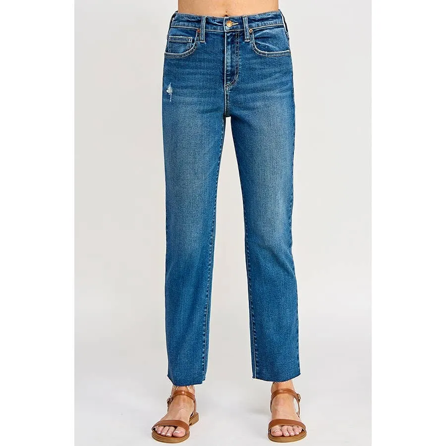 M.RISE SLIM STRAIGHT W/RAW CUT HEM IN MEDIUM WASH