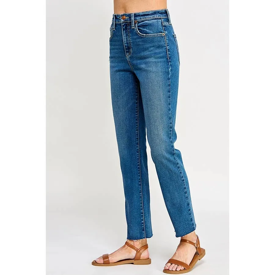 M.RISE SLIM STRAIGHT W/RAW CUT HEM IN MEDIUM WASH
