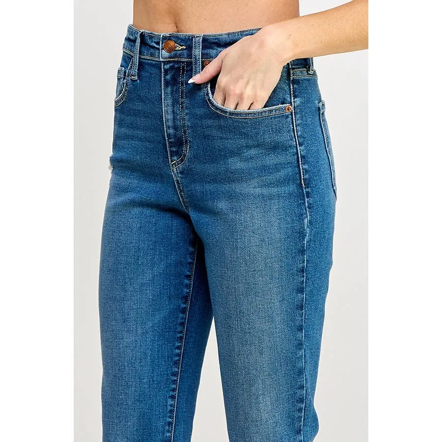 M.RISE SLIM STRAIGHT W/RAW CUT HEM IN MEDIUM WASH