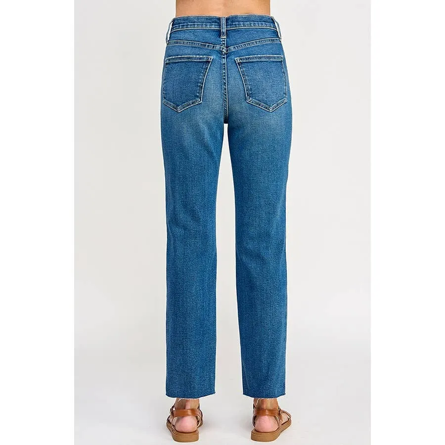 M.RISE SLIM STRAIGHT W/RAW CUT HEM IN MEDIUM WASH