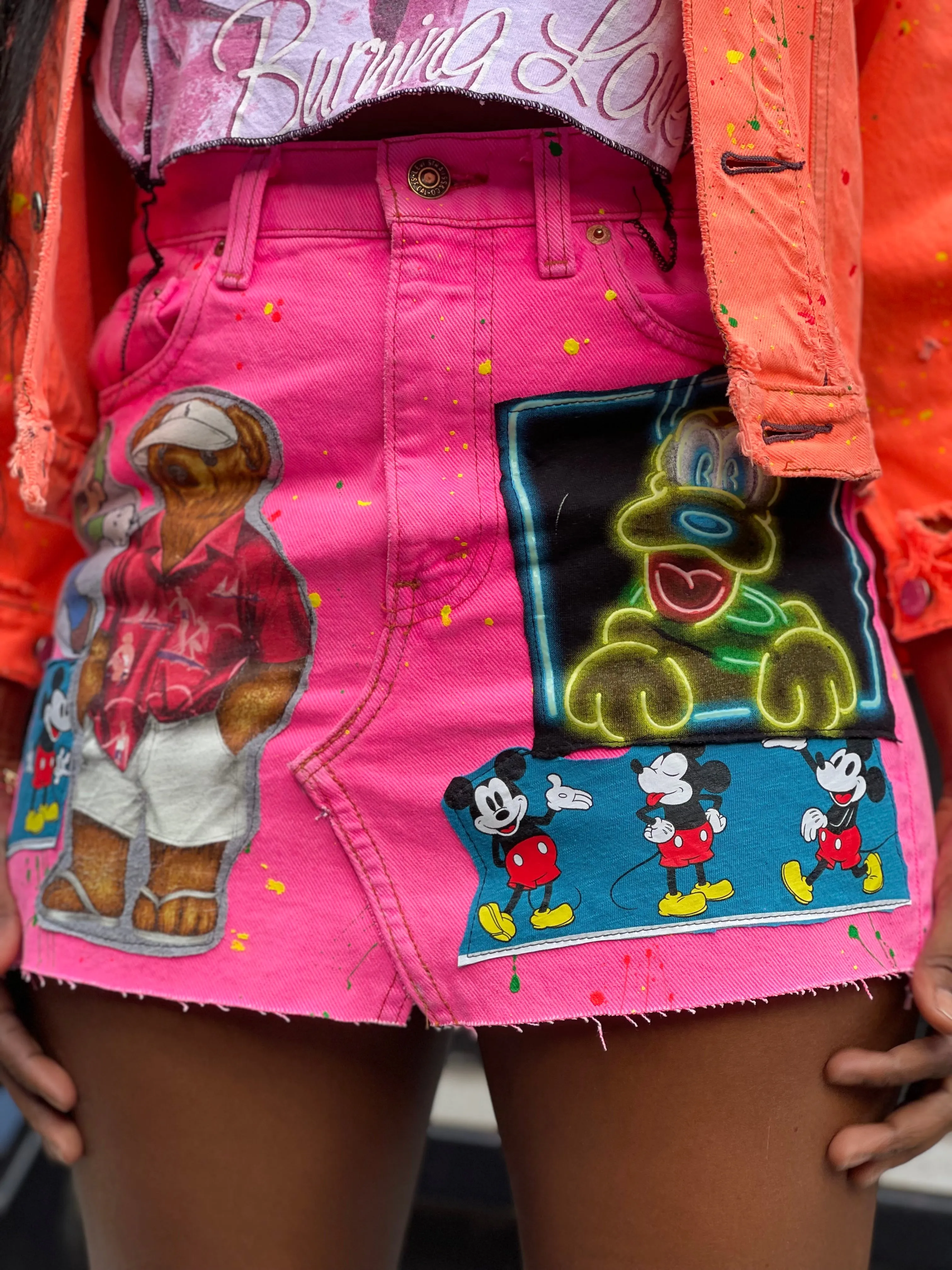 Reworked Neon Pink Vintage Denim Mini Skirt