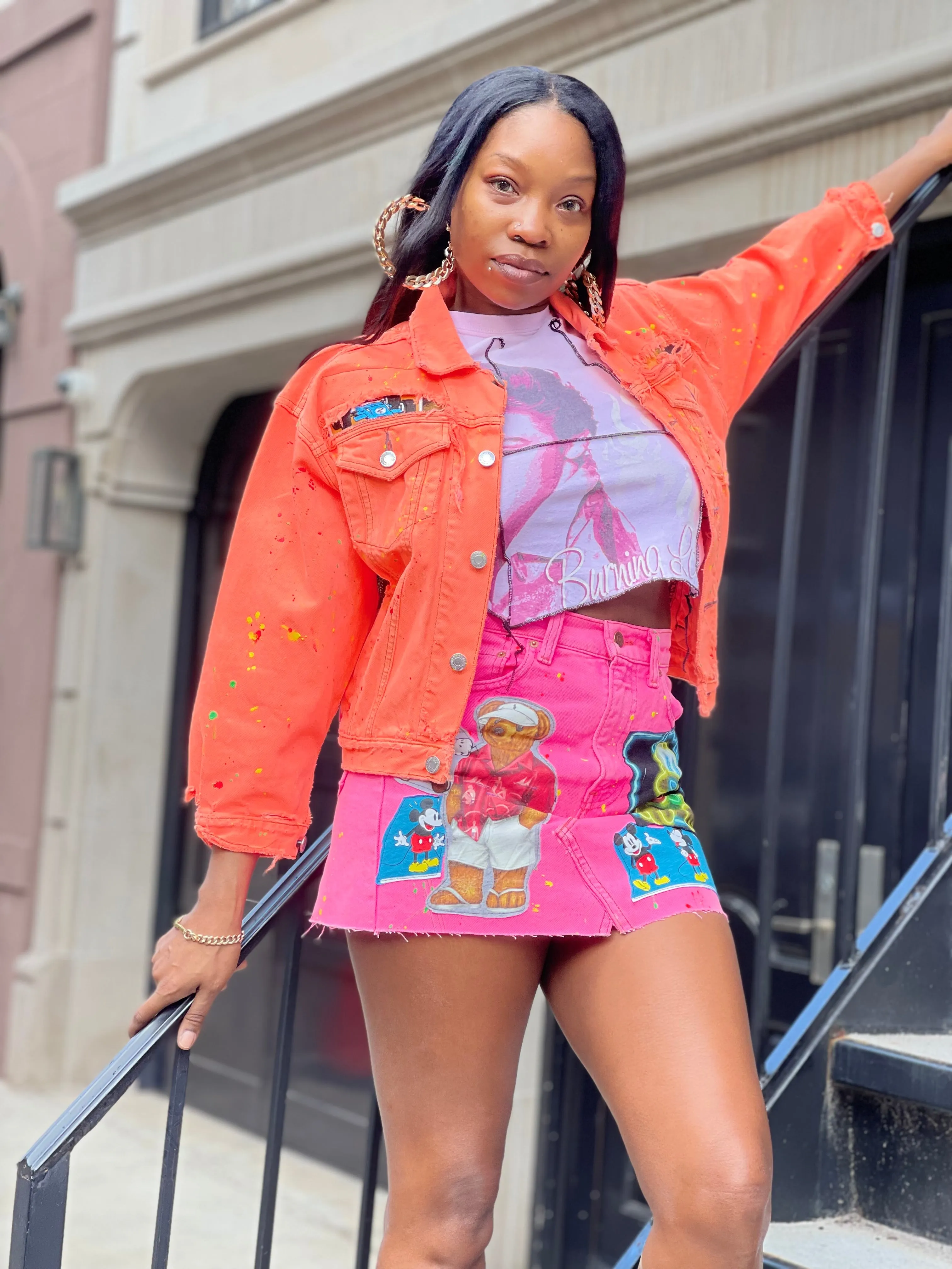 Reworked Neon Pink Vintage Denim Mini Skirt