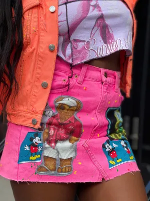 Reworked Neon Pink Vintage Denim Mini Skirt