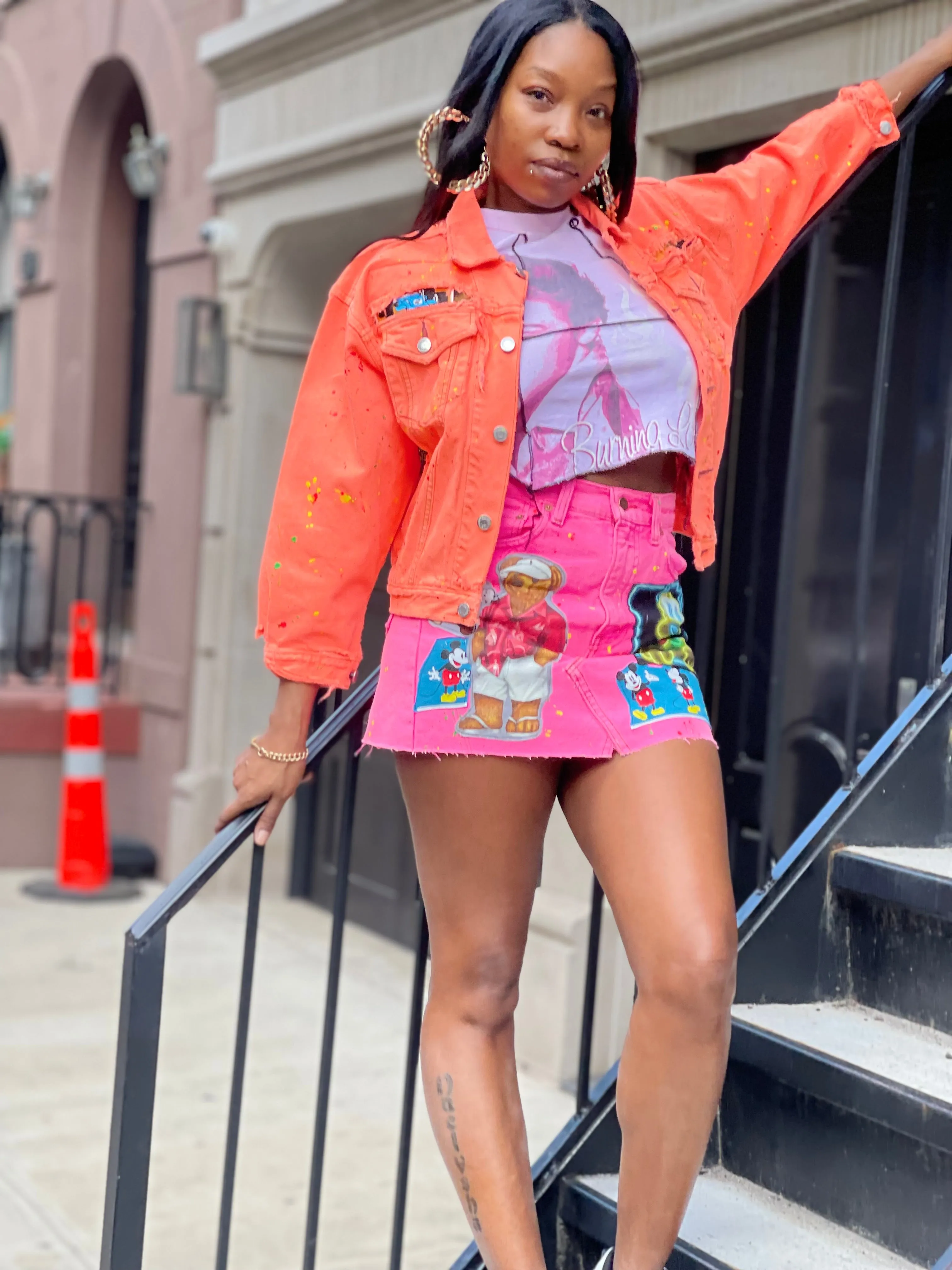 Reworked Neon Pink Vintage Denim Mini Skirt