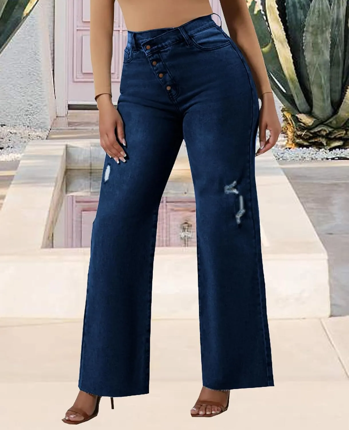 Skinny Bell Bottom Jeans for Women High Waisted Elastic Ripped Hole Flare Jeans Classic Denim Pants