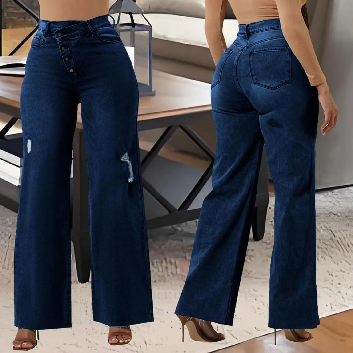 Skinny Bell Bottom Jeans for Women High Waisted Elastic Ripped Hole Flare Jeans Classic Denim Pants