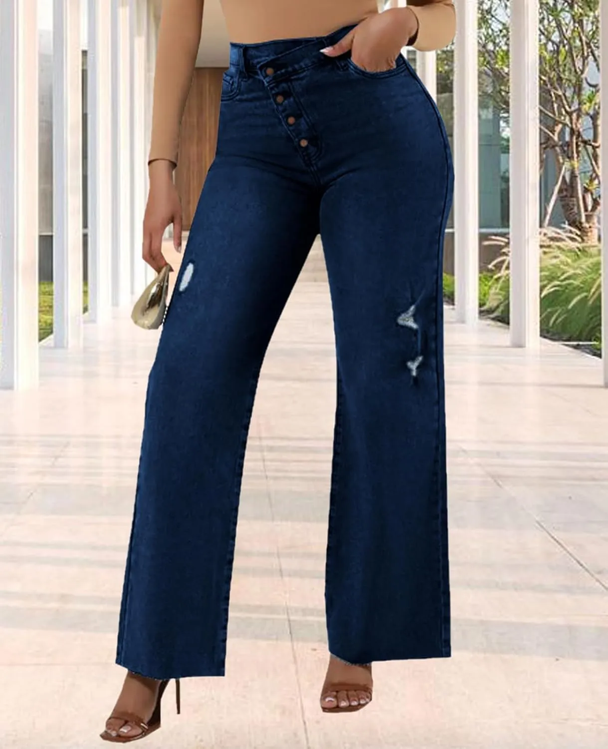 Skinny Bell Bottom Jeans for Women High Waisted Elastic Ripped Hole Flare Jeans Classic Denim Pants