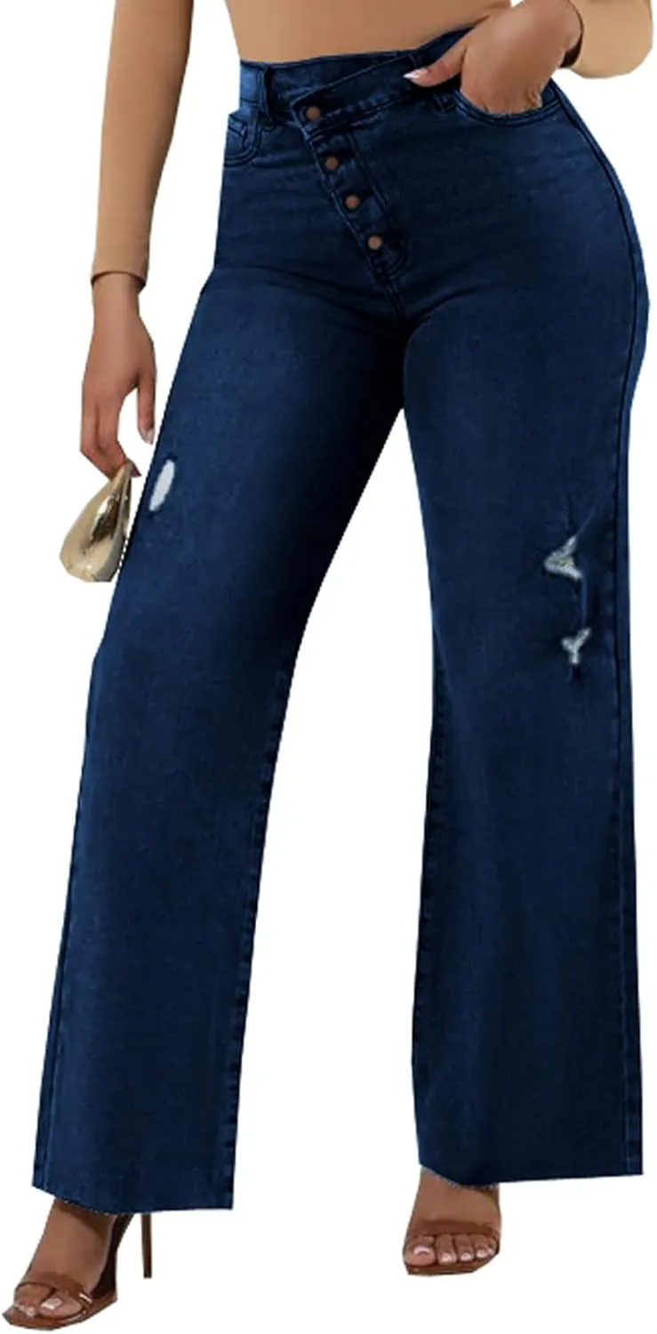 Skinny Bell Bottom Jeans for Women High Waisted Elastic Ripped Hole Flare Jeans Classic Denim Pants