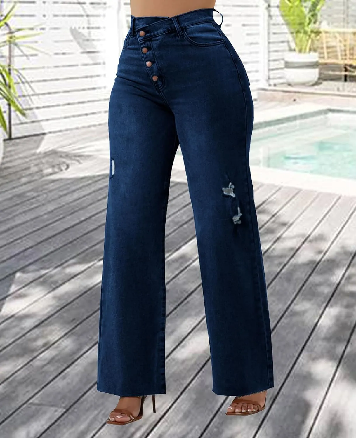 Skinny Bell Bottom Jeans for Women High Waisted Elastic Ripped Hole Flare Jeans Classic Denim Pants