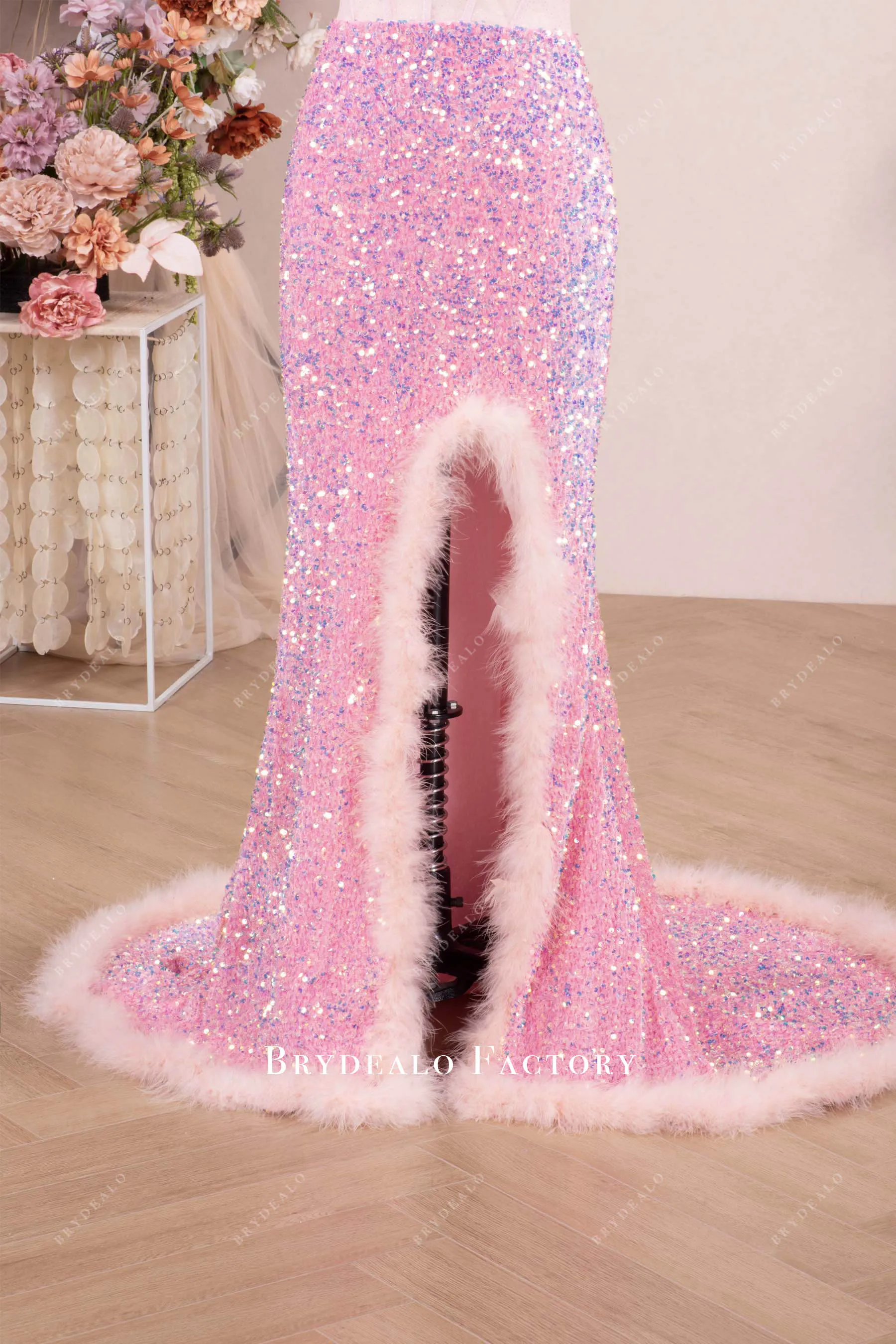 Sparkly Pink Corset High Slit Feather Prom Dress