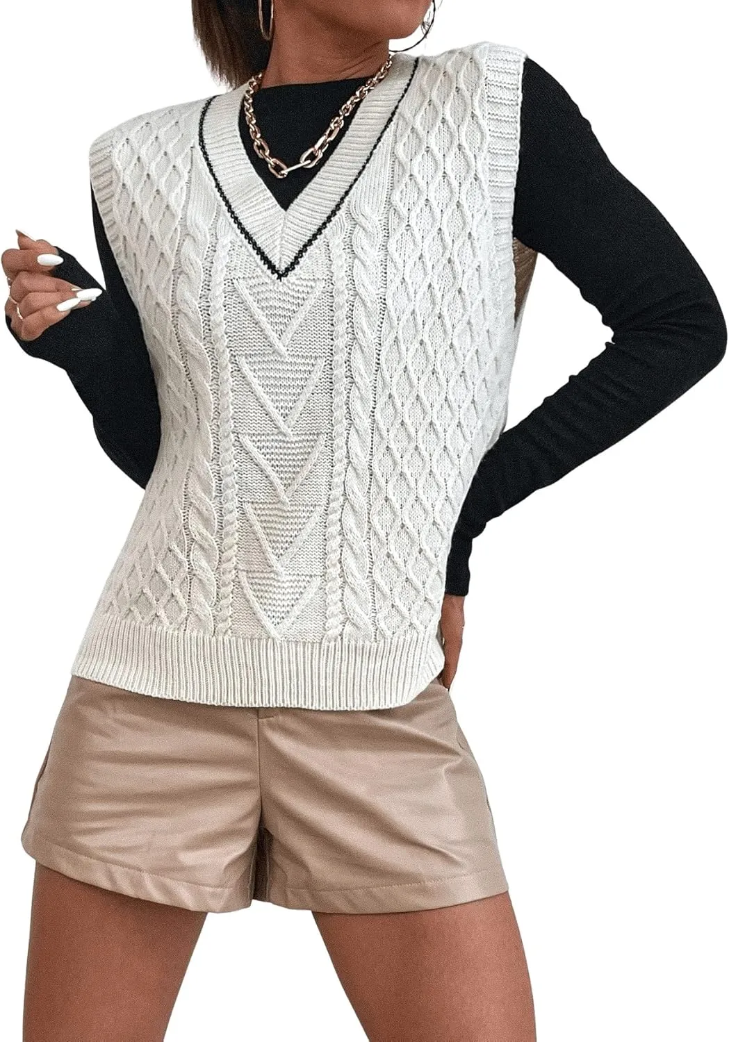 SweatyRocks Women's Plaid Geo Sleeveless V Neck Knit Crop Top Sweater Vest