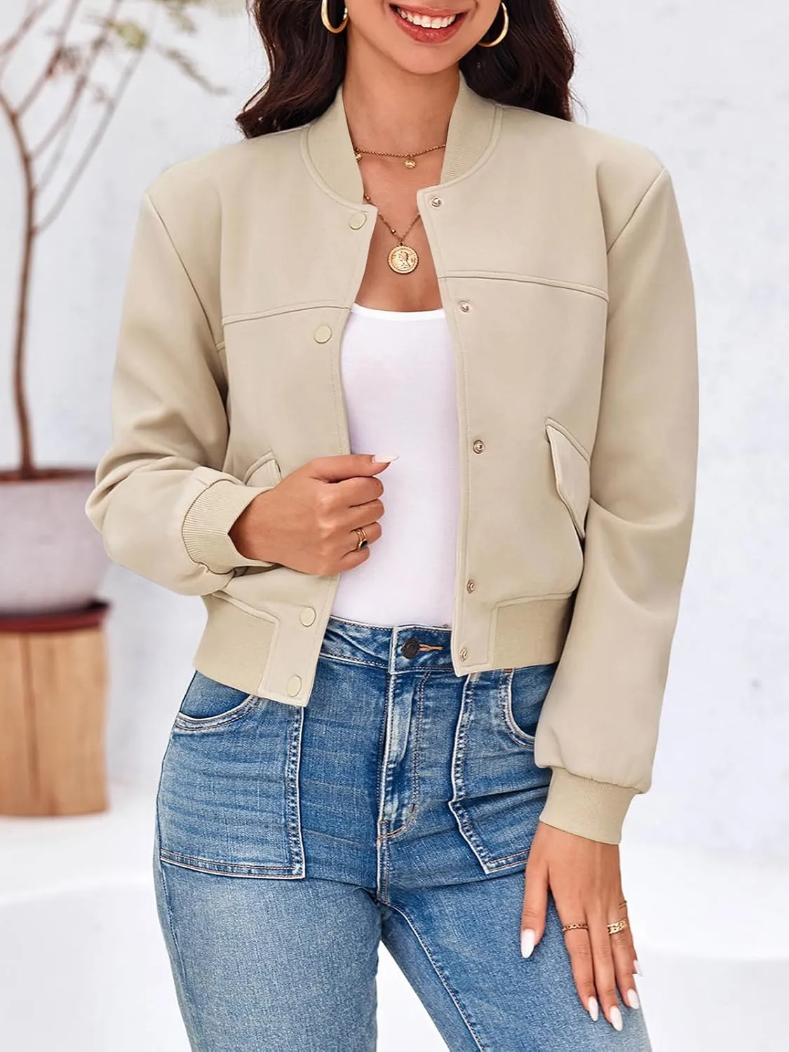 Tankaneo Womens Cropped Bomber Jackets Casual Button Down Long Sleeve Stand Collar Varsity Shacket Coats