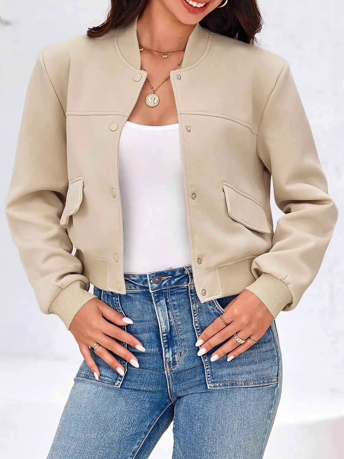 Tankaneo Womens Cropped Bomber Jackets Casual Button Down Long Sleeve Stand Collar Varsity Shacket Coats