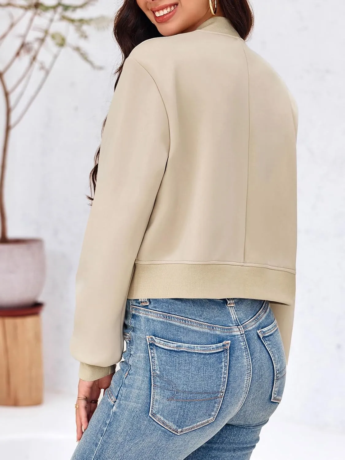 Tankaneo Womens Cropped Bomber Jackets Casual Button Down Long Sleeve Stand Collar Varsity Shacket Coats