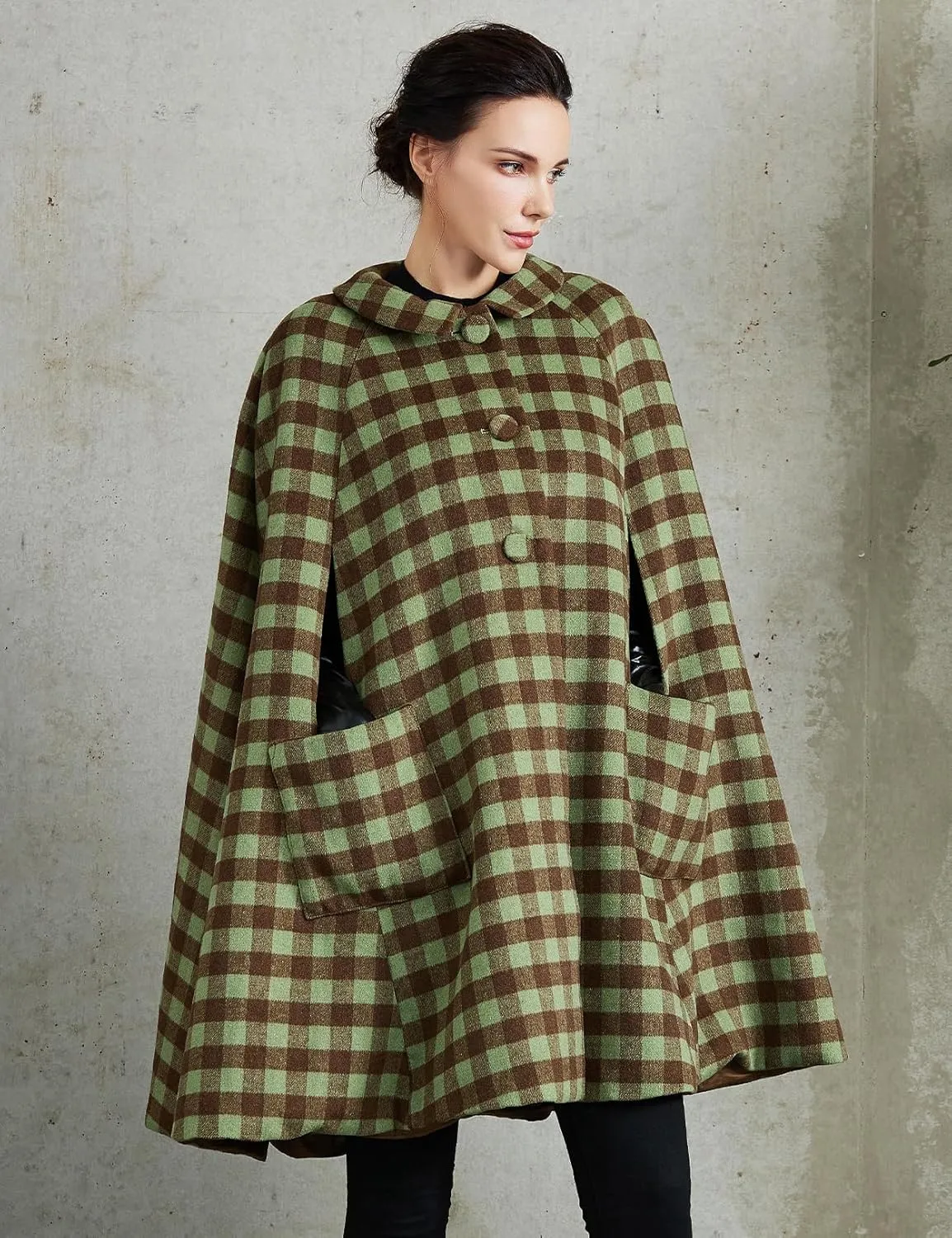 Women Wool Blend Cape Coat with Pockets Vintage Idyllic Single-Breasted Pea Coat Outwear for Fall Winter
