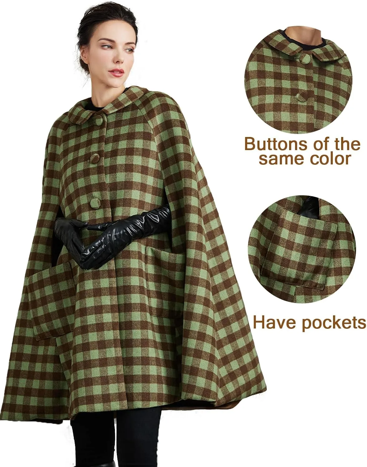 Women Wool Blend Cape Coat with Pockets Vintage Idyllic Single-Breasted Pea Coat Outwear for Fall Winter