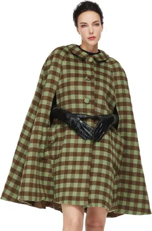 Women Wool Blend Cape Coat with Pockets Vintage Idyllic Single-Breasted Pea Coat Outwear for Fall Winter