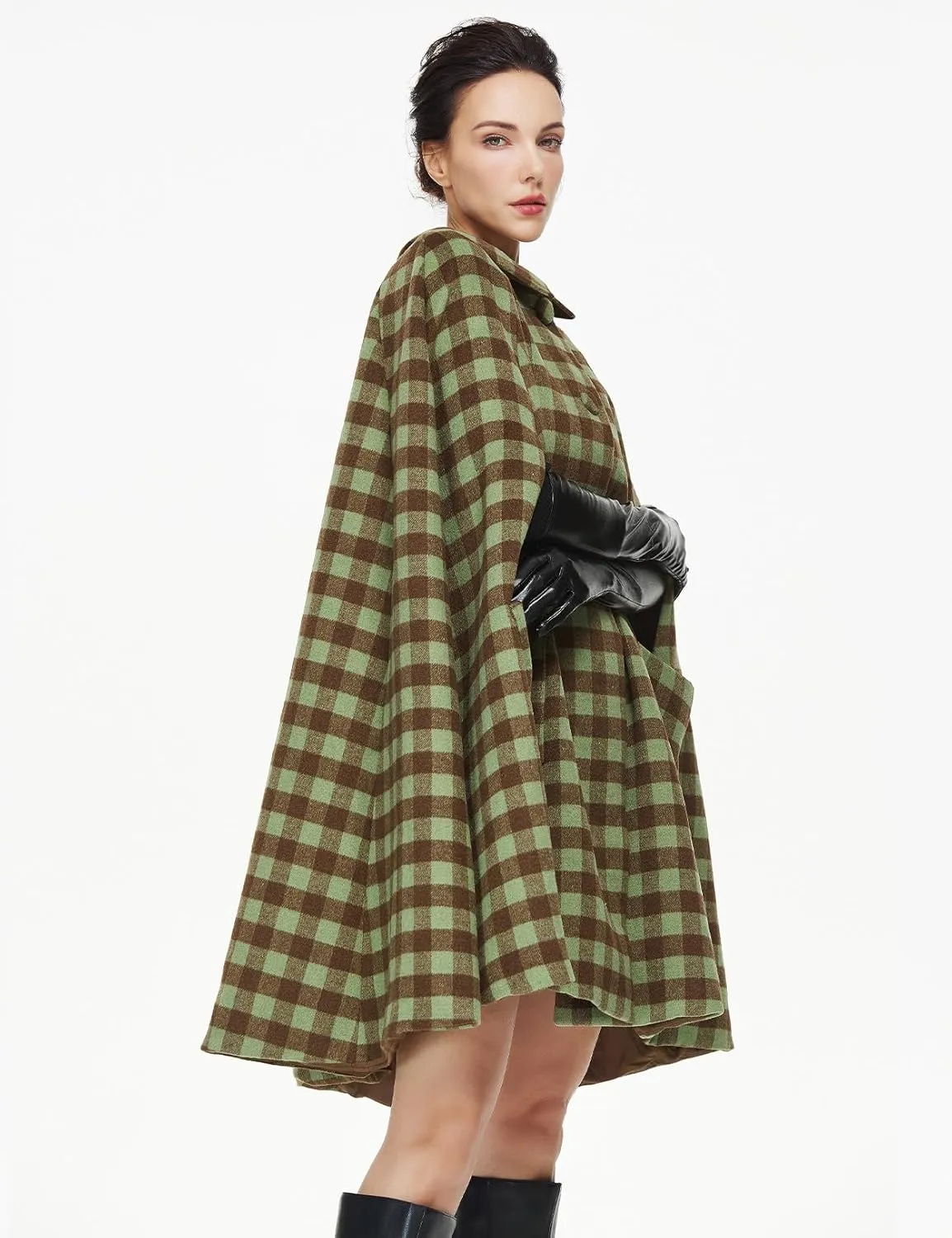 Women Wool Blend Cape Coat with Pockets Vintage Idyllic Single-Breasted Pea Coat Outwear for Fall Winter