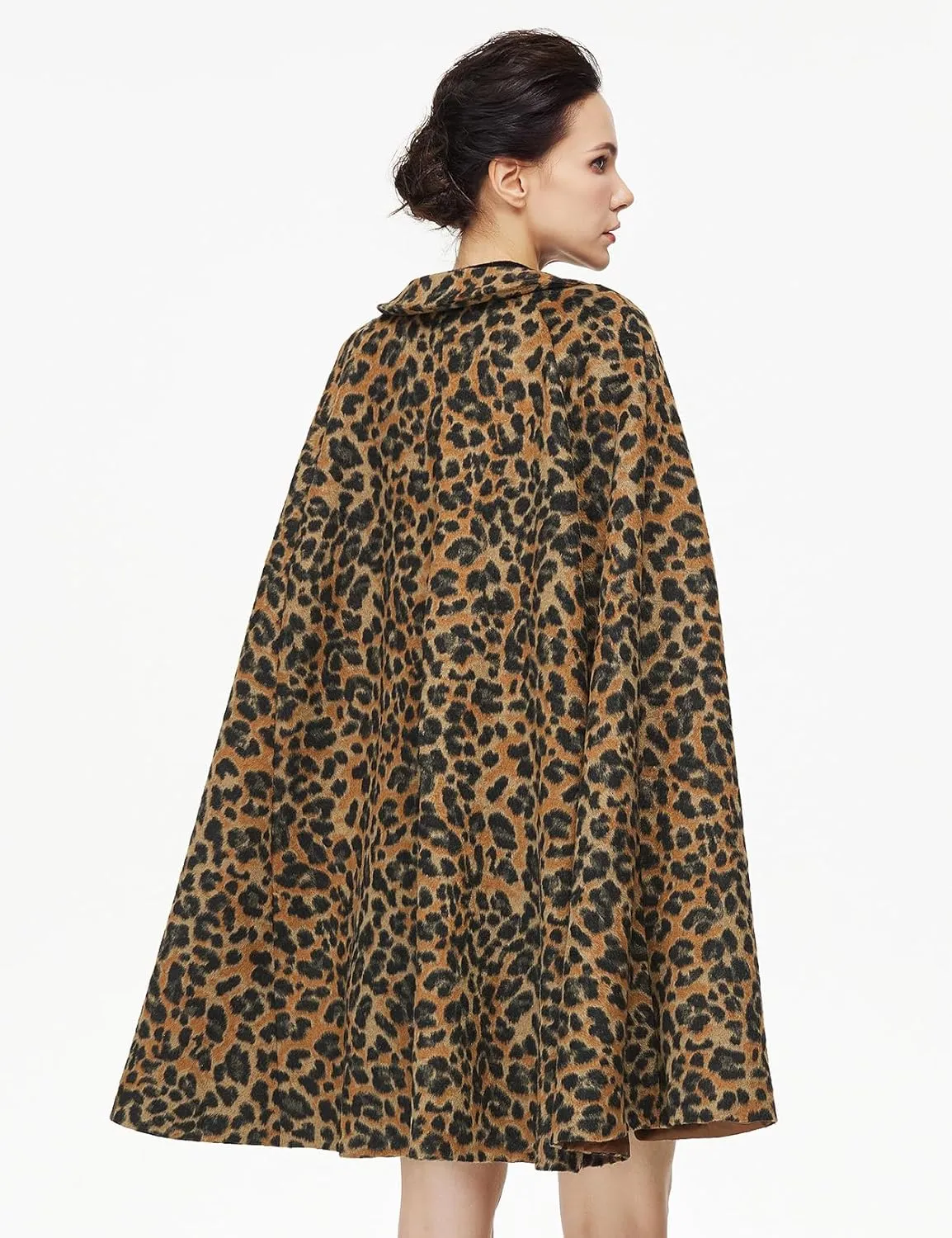 Women Wool Blend Cape Coat with Pockets Vintage Idyllic Single-Breasted Pea Coat Outwear for Fall Winter