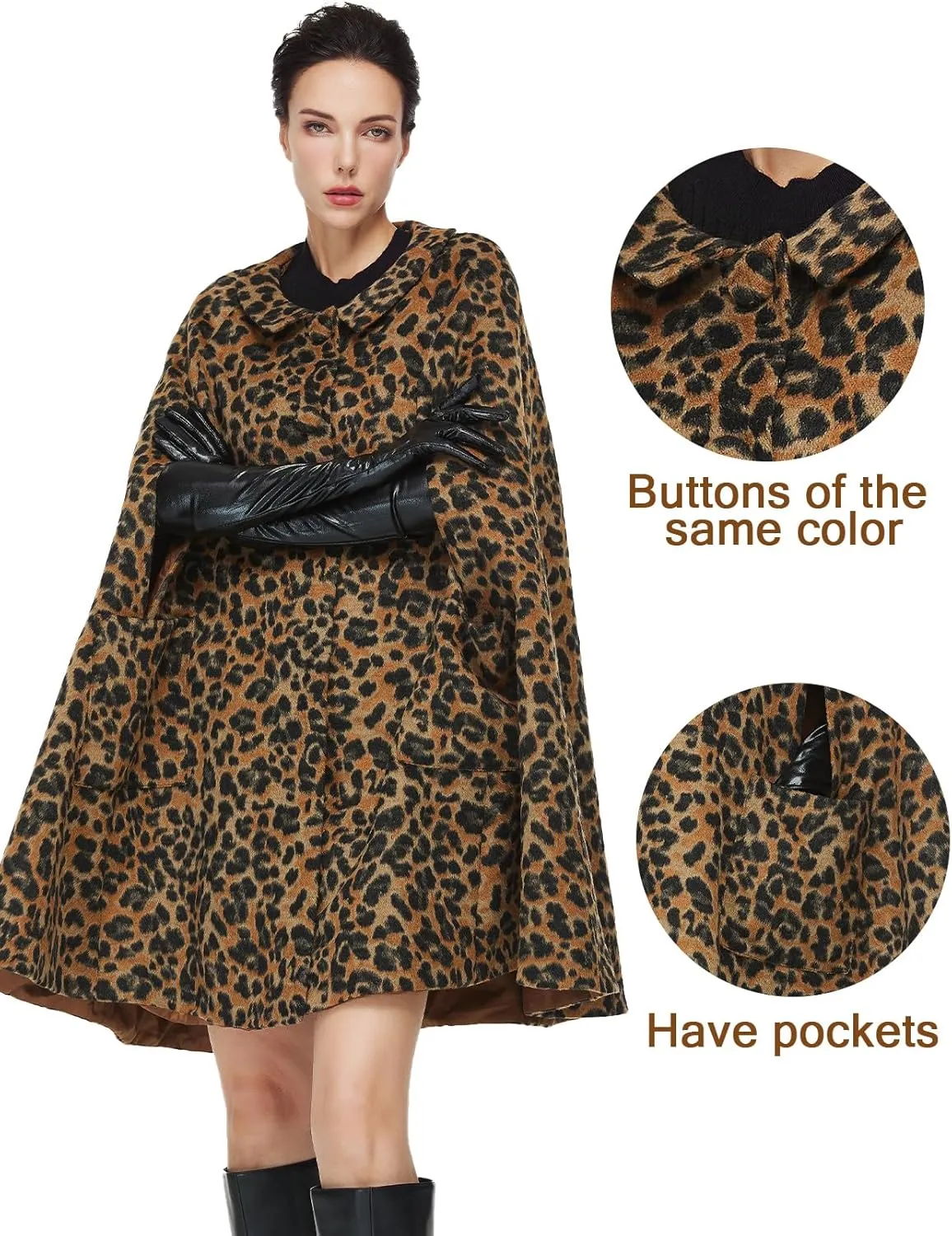 Women Wool Blend Cape Coat with Pockets Vintage Idyllic Single-Breasted Pea Coat Outwear for Fall Winter