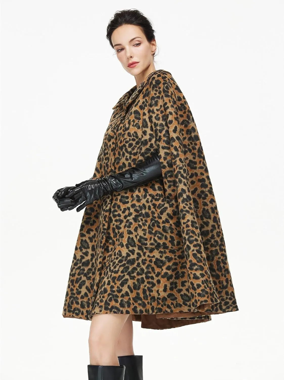 Women Wool Blend Cape Coat with Pockets Vintage Idyllic Single-Breasted Pea Coat Outwear for Fall Winter