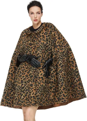 Women Wool Blend Cape Coat with Pockets Vintage Idyllic Single-Breasted Pea Coat Outwear for Fall Winter