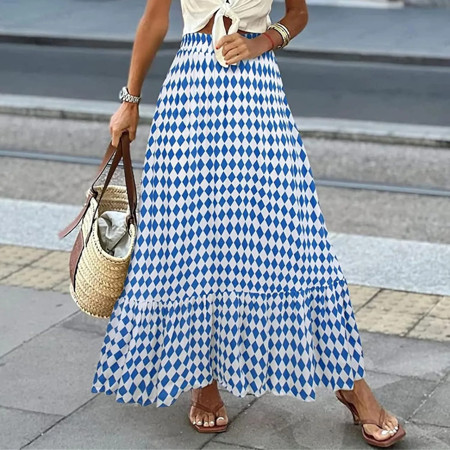 Womens Boho Maxi Skirts Summer Trendy Elastic High Waisted A Line Skort Casual Flowy Floral Ruffle Hem Beach Skirts