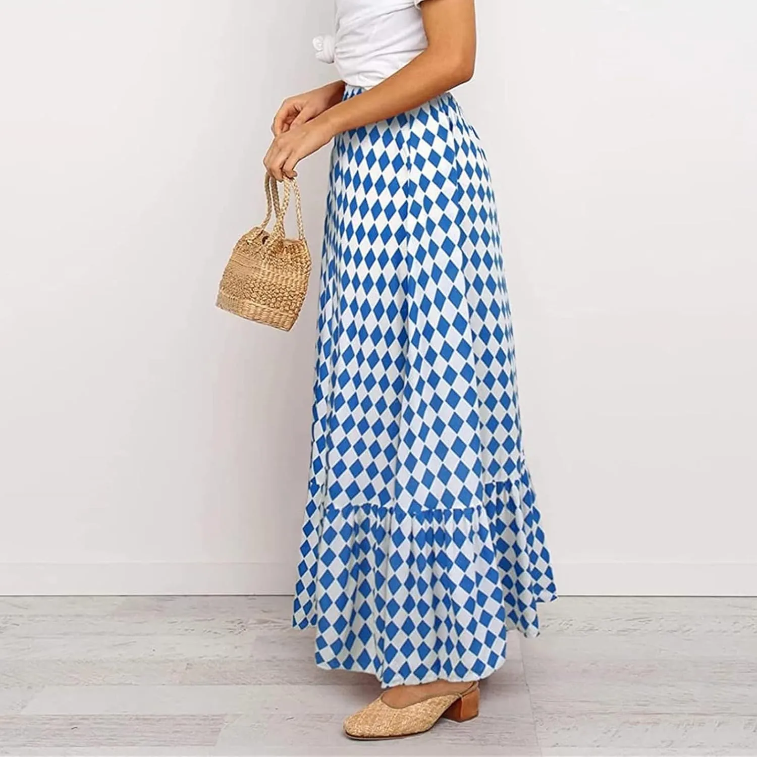Womens Boho Maxi Skirts Summer Trendy Elastic High Waisted A Line Skort Casual Flowy Floral Ruffle Hem Beach Skirts
