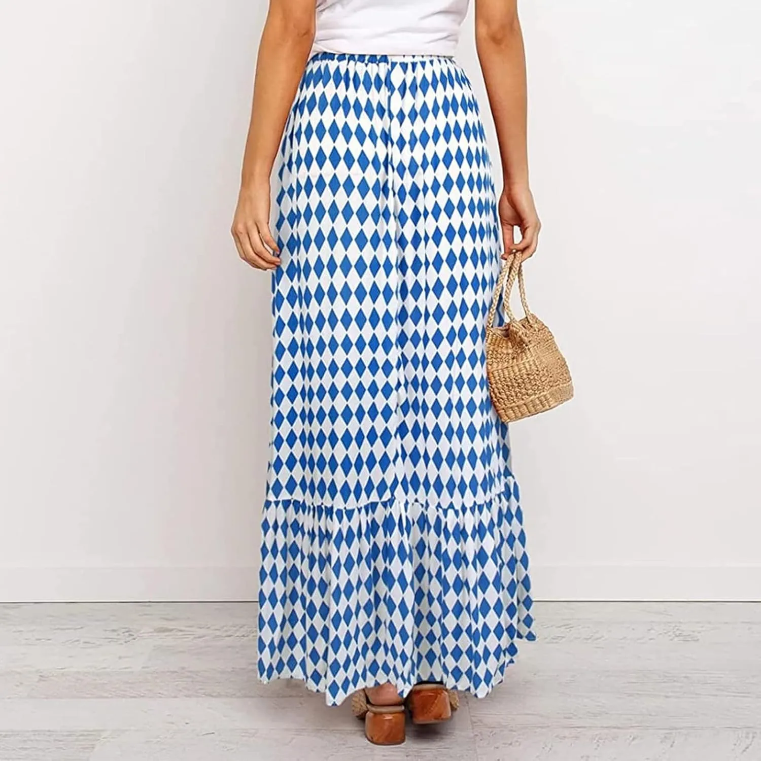 Womens Boho Maxi Skirts Summer Trendy Elastic High Waisted A Line Skort Casual Flowy Floral Ruffle Hem Beach Skirts