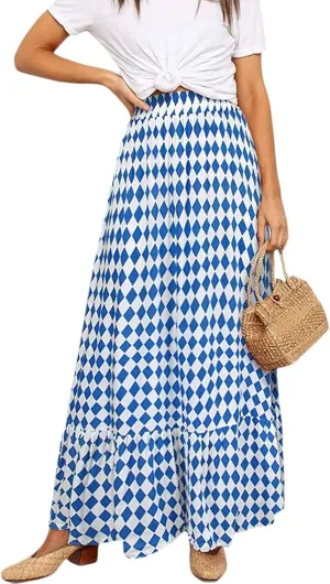 Womens Boho Maxi Skirts Summer Trendy Elastic High Waisted A Line Skort Casual Flowy Floral Ruffle Hem Beach Skirts