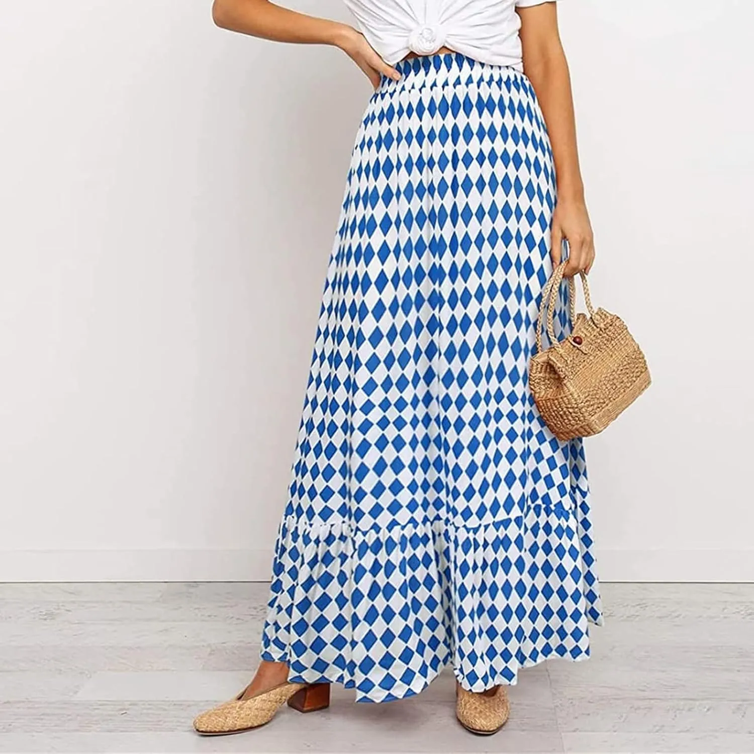 Womens Boho Maxi Skirts Summer Trendy Elastic High Waisted A Line Skort Casual Flowy Floral Ruffle Hem Beach Skirts
